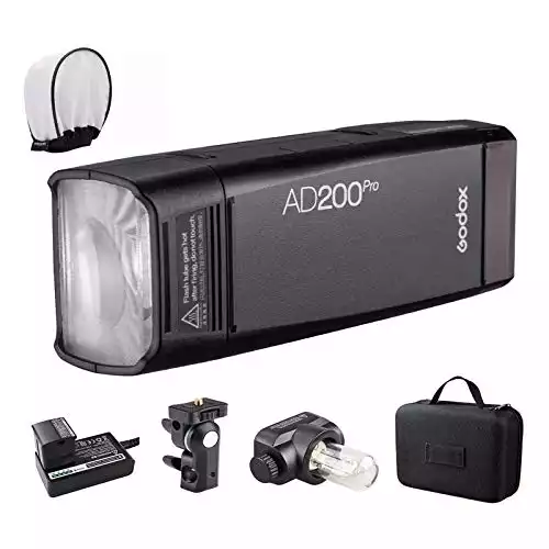 GODOX AD200Pro Godox AD200 PRO Version, 200Ws 2.4G Flash Strobe, 1/8000 HSS, 500 Full Power Flashes, 0.01-1.8s Recycling, 2900mAh Battery, Bare Bulb/Speedlite Fresnel Flash Head, Lightweight Compact