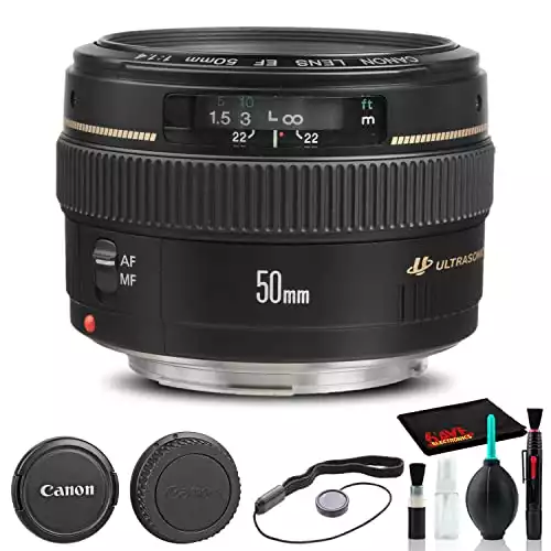 Canon EF 50mm f/1.4 USM Lens (2515A003) + Filter Kit + Lens Pouch + Cap Keeper + Cleaning Kit + More (Renewed)