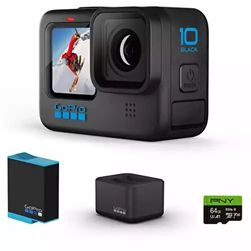 GoPro HERO10 Black Bundle + Dual Battery Charger + 1 Extra Battery + 64GB SD Card - E-Commerce Packaging - Waterproof Action Camera with Front LCD & Touch Rear Screens, 5.3K60 Ultra HD Video
