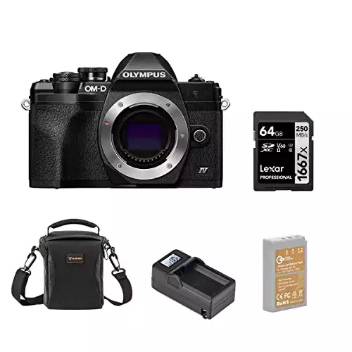 Olympus OM-D E-M10 Mark IV Camera Body, Black Bundle with 64GB SD Card, Shoulder Bag, Extra Battery, Smart Charger
