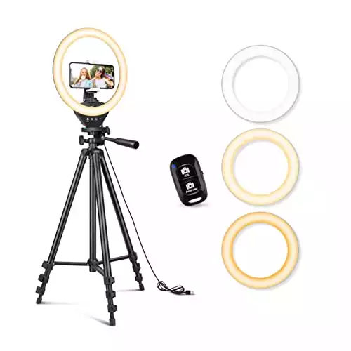 Sensyne 10'' Ring Light with 50'' Extendable Tripod Stand, LED Circle Lights with Phone Holder for Live Stream/Makeup/YouTube Video/TikTok, Compatible with All Phones(Black)