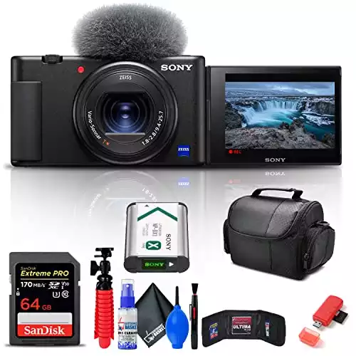 Sony ZV-1 Digital Camera (Black) (DCZV1/B) + 64GB Memory Card + Card Reader + Deluxe Soft Bag + Flex Tripod + Memory Wallet + Cleaning Kit